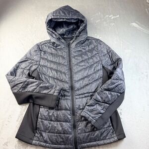 GUESS Women's Black‎ Gray Quilted Puffer Hooded Jacket Size Large